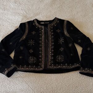 Zara Black Embroidered Old Money Velvet Jacket Small